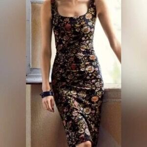 Peruvian Connection Meadow Sheath Jersey Tank Dress M Black Floral Whimsy Chic